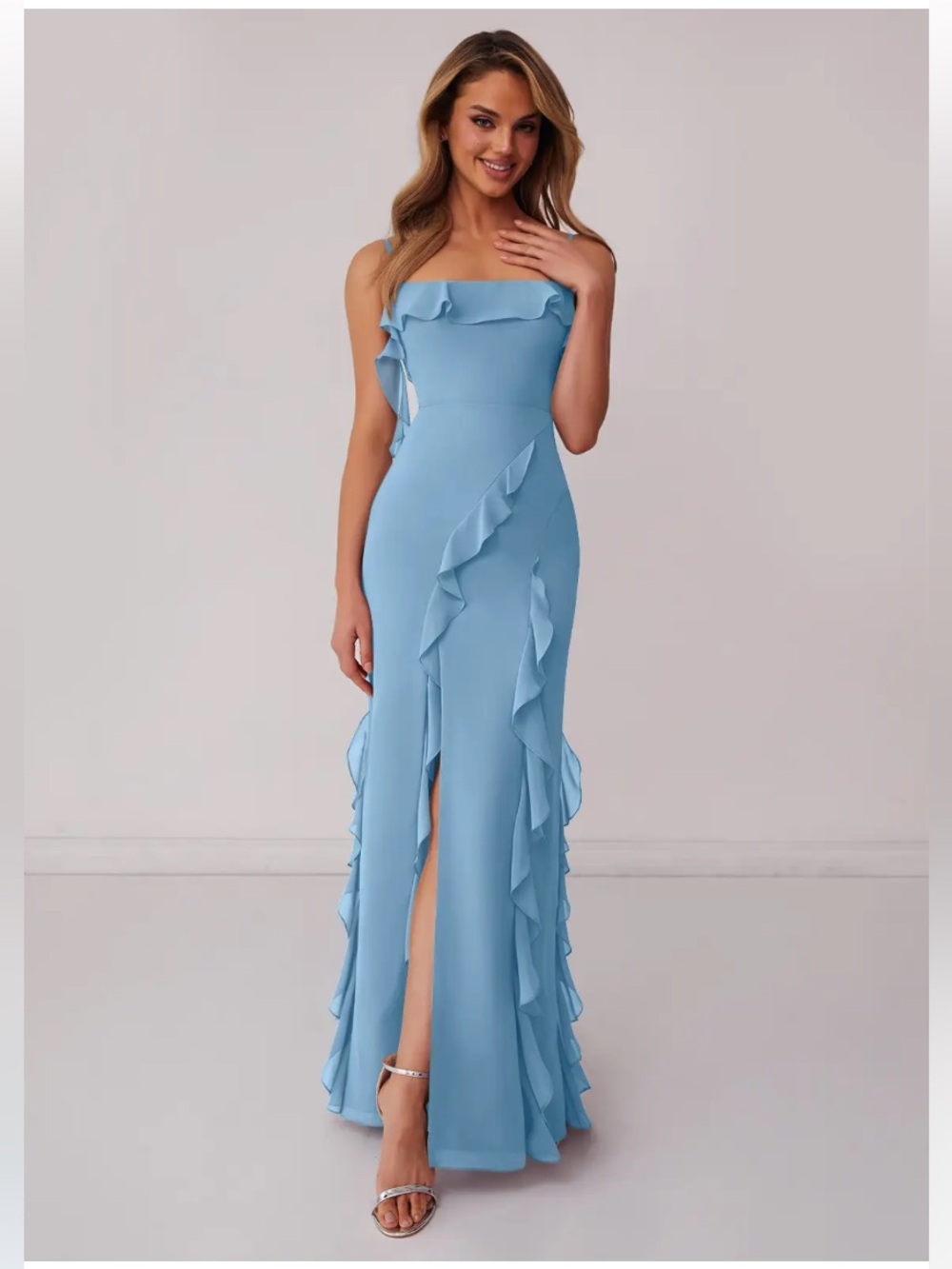 Azazie x Barbie Blue Ruffle Column Gown